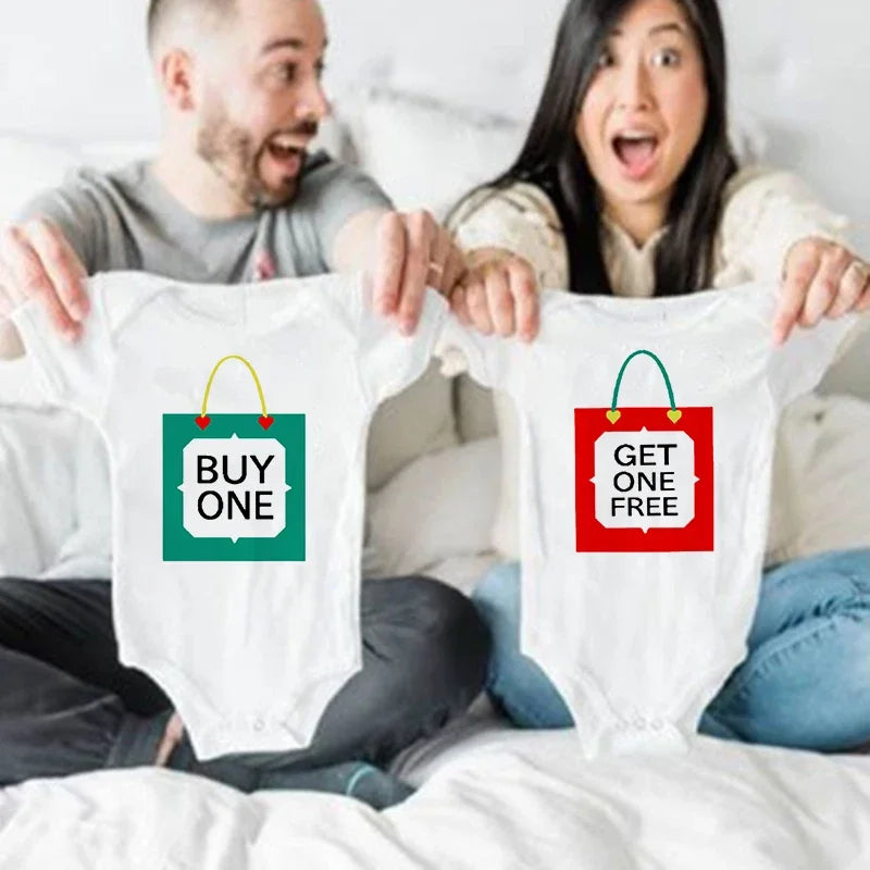 Buy One Get One Free Twins Baby Bodysuits Clothes Funny Baby Boy Girl Clothing Summer Toddler Jumpsuits Twin Infant Shower Gifts