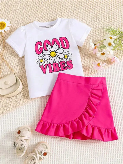 Children's clothing, girls' autumn fashion casual thin round neck knitted daisy T-shirt+pink pleated skirt two-piece set