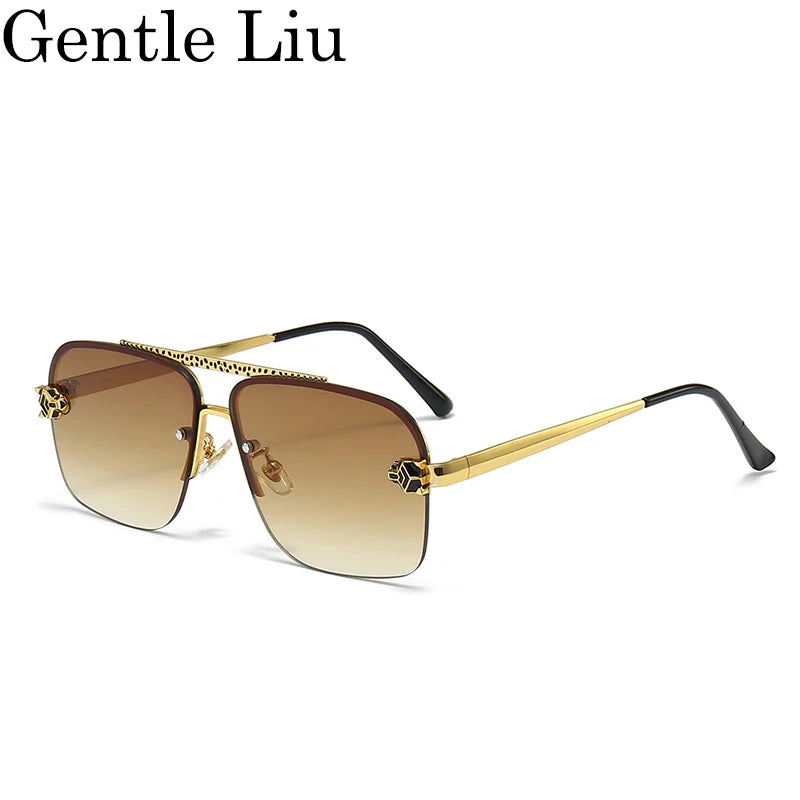 Square Rimless Sunglasses Men 2025 Luxury Brand Oversized Frameless Retro Sun Glasses For Male Leopard Head Shield Eyewear UV400