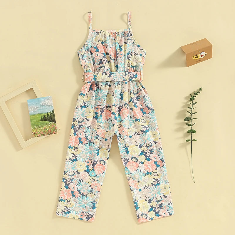 Pudcoco Kids Girls Romper Jumpsuit Stripe/Contrast Color/Floral Sleeveless Spaghetti Strap Overalls Toddler Clothes Belt 1-6T