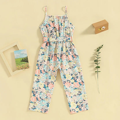 Pudcoco Kids Girls Romper Jumpsuit Stripe/Contrast Color/Floral Sleeveless Spaghetti Strap Overalls Toddler Clothes Belt 1-6T