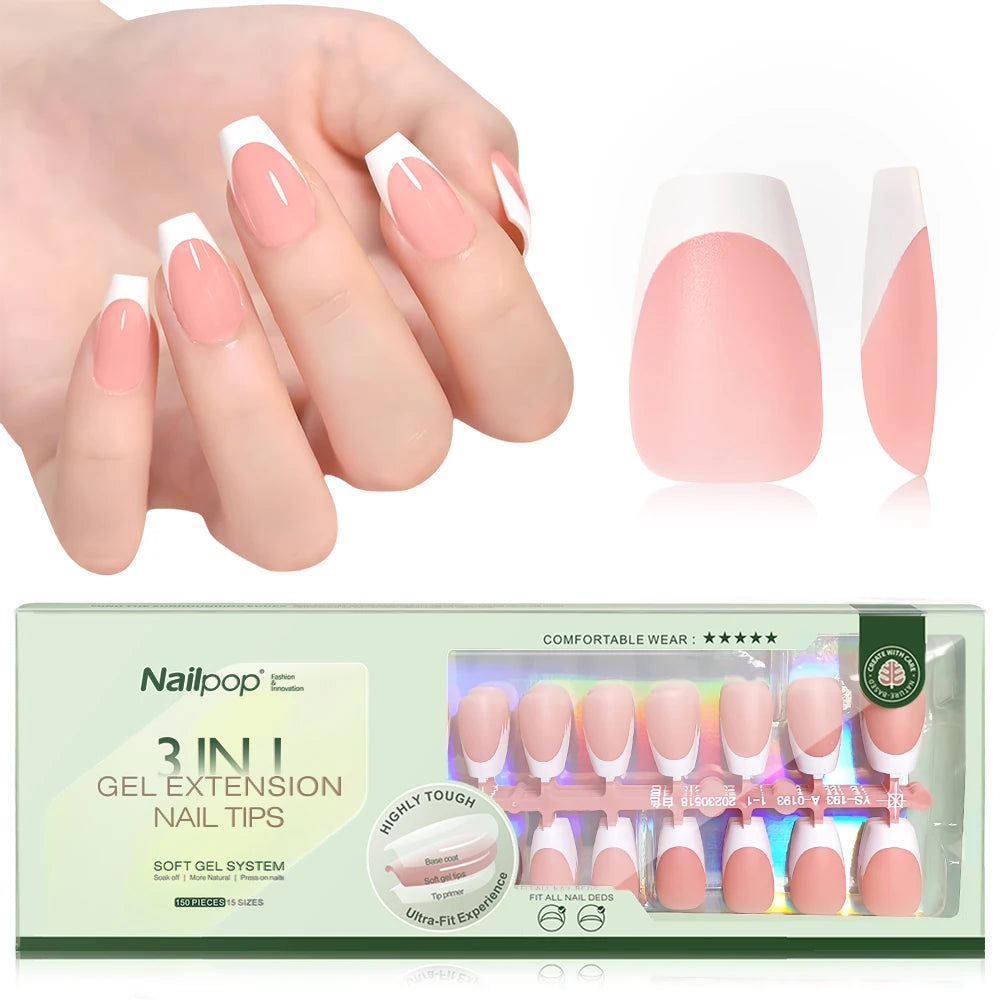 NAILPOP 150PCS Short Coffin Press on Nails 3 in 1 Coat Soft Gel Nail Tips French Tip Press on Nails 15 Sizes of Nail Art DIY