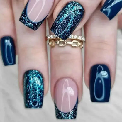 24Pcs Sweet Cool Press on Nails Short Square False Nail Gradient Glitter Line Fake Nails Full Cover Glossy Acrylic Manicure Nail