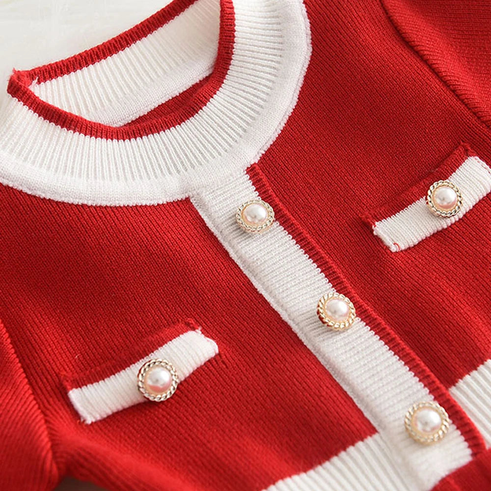 Bear Leader Winter New Year's Red Girl Knitting Wool Long Sleeve Splicing Dress Girl Baby Bow Fashion Dressses Christmas Clothes