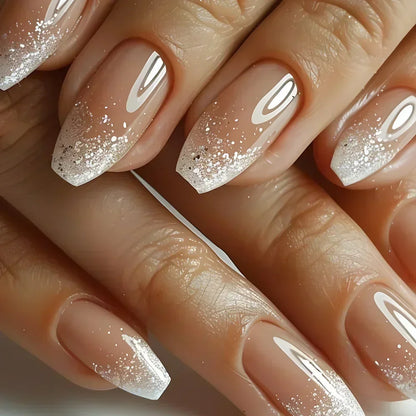24Pcs Sweet Cool Press on Nails Short Square False Nail Gradient Glitter Line Fake Nails Full Cover Glossy Acrylic Manicure Nail