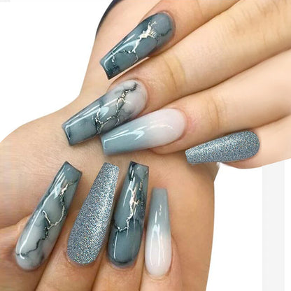 24 Pcs Glossy Long Ballerina Press On Nails Purple Glitter With Rhinestone Shiny