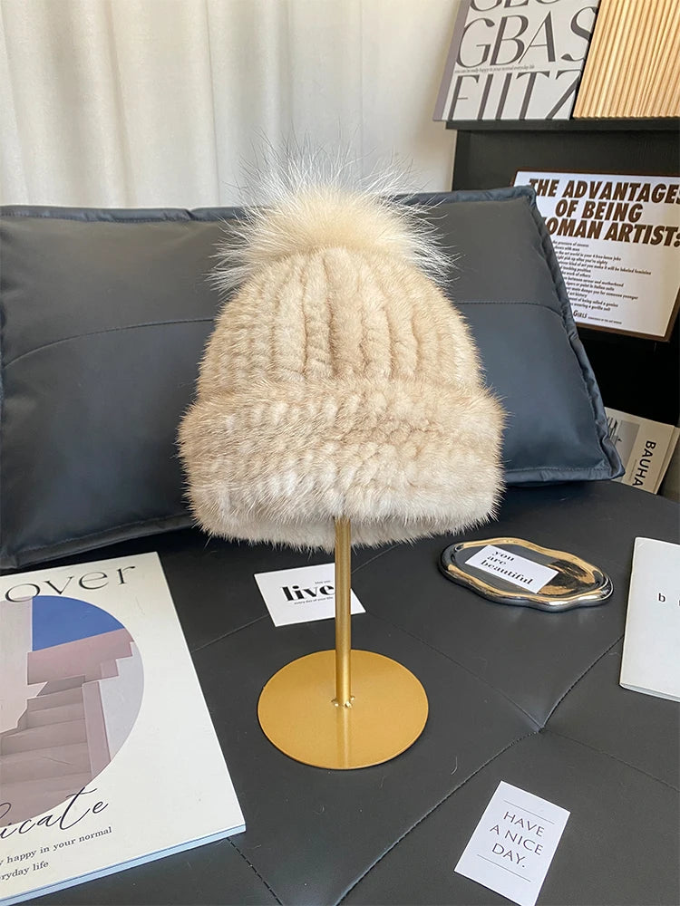 New Women Winter Natural Mink Fur Hats Knitted Real Mink Fox Fur Ball Caps Female Russian Warm Beanies Hat Fur Hat