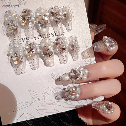 24Pcs Long Ballerina Fake Nails Sparkly Diamond Designs Press on Nails White Pearl Clear False Nails for Women Bride Wedding