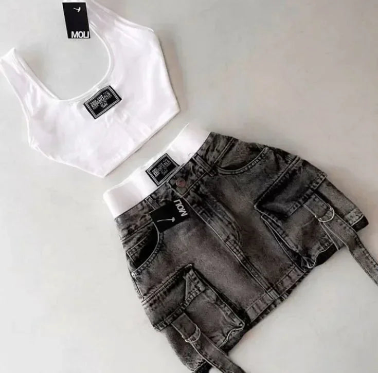 Korean Sweet Fashion Top Two-piece Set with Low Waist and Spliced Sexy Girl Slim Casual Denim Skirt for Gentle Summer Wear