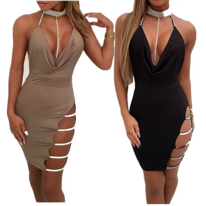 sexy suspender wrap hip skirt side slit hot drill low cut hanging neck tight