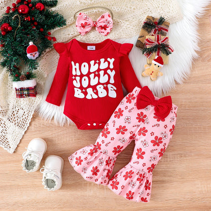 Autumn Girls Aged 0-1 Years Old, Comfortable Christmas Letter Printed Long-Sleeved Clothes + Trousers + Hair Bands