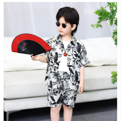 Summer Teenage Boy Clothes Set Children Fashion Single Coconut Trees Short Sleeve Shirt Top and Shorts BottomSuit Beach Wear