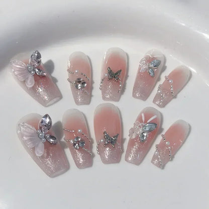 10pcs Gradient Pink Fake Nail With 3D Moon Heart Diamond Design m