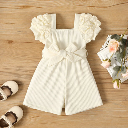 Summer Small Square Neck Puff Sleeve Belt Jumpsuit For Baby Girls