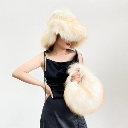 Fur bucket hat and bag set Women's warm plush autumn and winter hat Punk style imitation raccoon fur basin hat and handbag