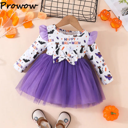 Prowow Baby Girl Halloween Dresses Long Sleeve Orange Pumpkin Dress For Girls Toddler Halloween Costume Festival Party Dress