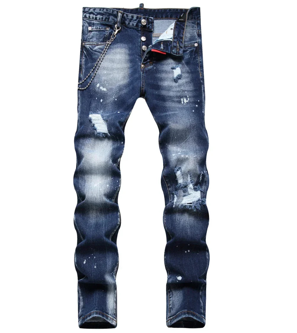 New Men's Ripped Jeans Luxury Men Skinny Jeans Light Blue Holes Pants Quality Male Stretch Slim Fashion Trousers Y2k Mens Jeans