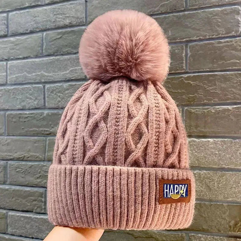 Soft Thick Knitted Beanies Cap With Hairball Winter Warm Lining Velvet Woolen Hat Fashion Twist Weaving Outdoor Causal Women Hat