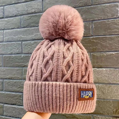 Soft Thick Knitted Beanies Cap With Hairball Winter Warm Lining Velvet Woolen Hat Fashion Twist Weaving Outdoor Causal Women Hat
