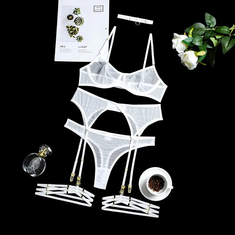 Yimunancy 4-Piece Lace Bra Set Women Mesh Panty Underwear Set 8 Colors Transparent Sexy Lingerie Set