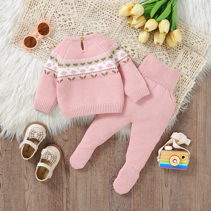 Baby Clothes Set Knitted Infant Sweater Long Sleeve +Pants Foot Wrap Warm 2pc Newborn Girl Pullover +Trousers Fashion Solid 0-9M