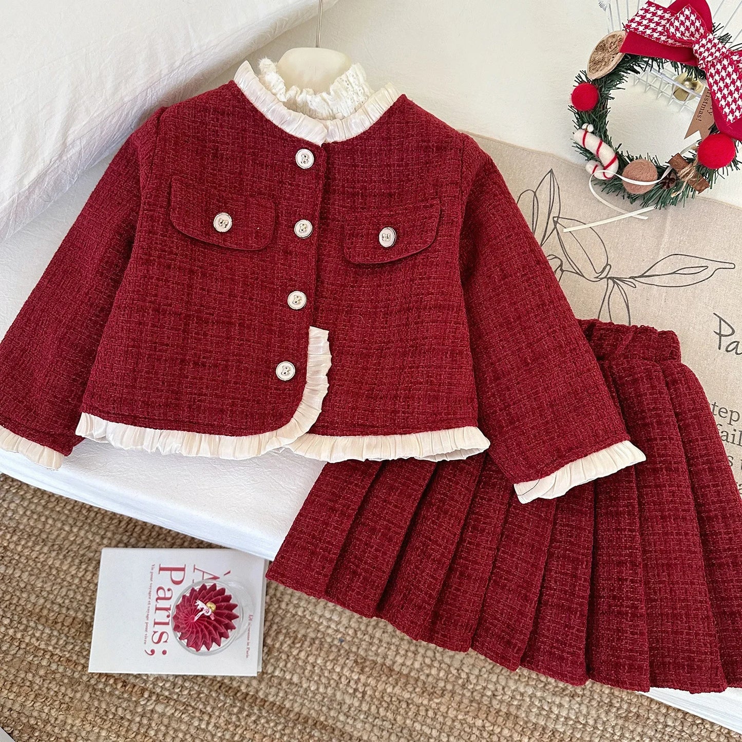 Girls' Suit Winter New Korean Version of Girls' Pink Small Fragrance Long-sleeved Coat + Skirt Two-piece Set  Girl Clothes