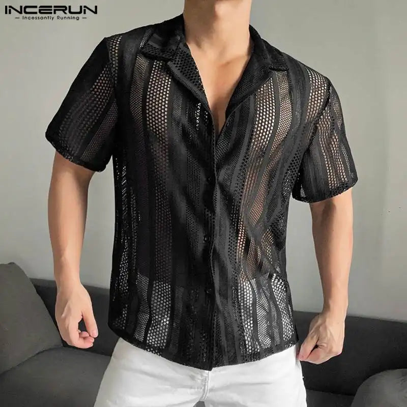 INCERUN Men's Shirt Mesh Transparent Lapel Short Sleeve Summer Camisas Streetwear 2024 Hollow Out Fashion Casual Shirts S-5XL