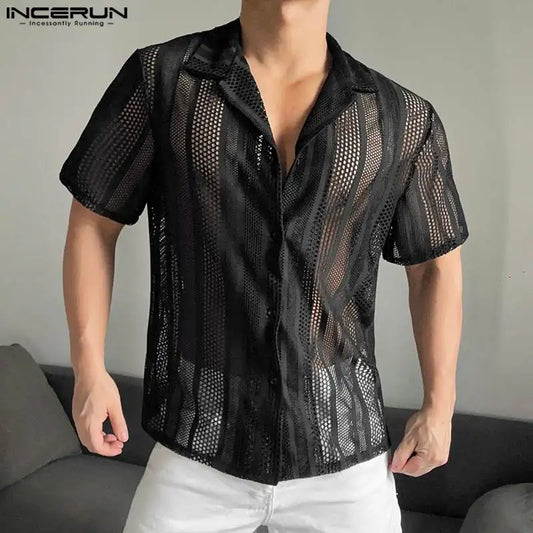 INCERUN Men's Shirt Mesh Transparent Lapel Short Sleeve Summer Camisas Streetwear 2024 Hollow Out Fashion Casual Shirts S-5XL