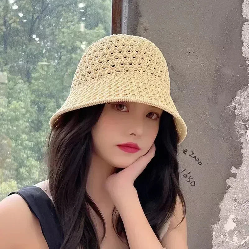 Handmade Crochet Floppy Summer Hats Collapsible Dome Bucket Hat Hollow Out Solid Color Beach Caps Simplicity Soft Women Hat