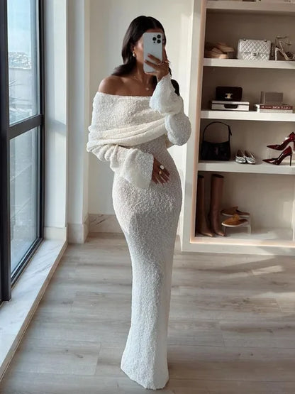 DSMTRC Female Cover up Loose Long Sleeve Holiday Beach Party Dress Women Knitwear Dress Knit Hollow Out Off-Shoulder Maxi Dress