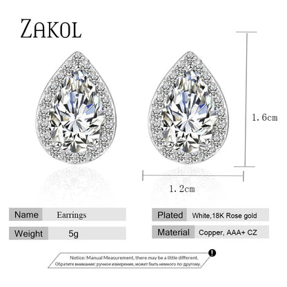 ZAKOL Classic Water Drop Cubic Zircon Stud Earrings for Women Fashion Teardrop Crystal Bridal Wedding Party Jewelry Aretes