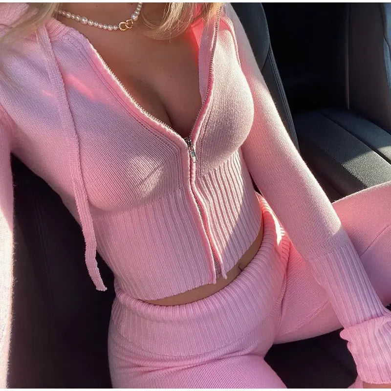 Fashion Women Ribbed Knit 2 Piece Outfits Long Sleeve Zipper-Up Slim Fit Hooded Crop Top Elastic Long Pants Set Y2K Tracksuits