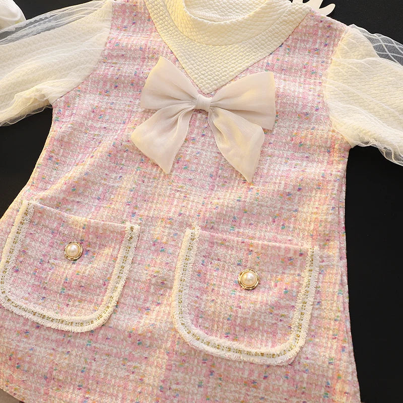 Elegant Children's Dresses For Girls Fashion Bow Long Sleeve Princess Kids Birthday Party Dress Spring Soft Baby Clothes Outfit