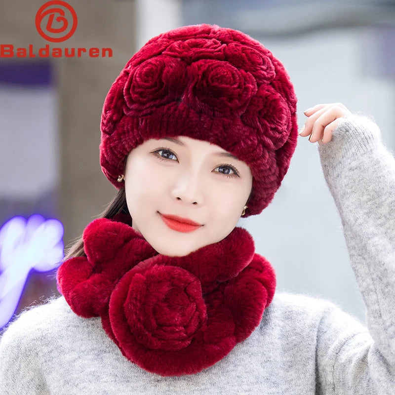 2025 Hot Sale Women Winter Fur Hat Scarf Sets Natural Warm Real Rex Rabbit Fur Cap Scarves Lady Knitted Genuine Fur Hats Muffler