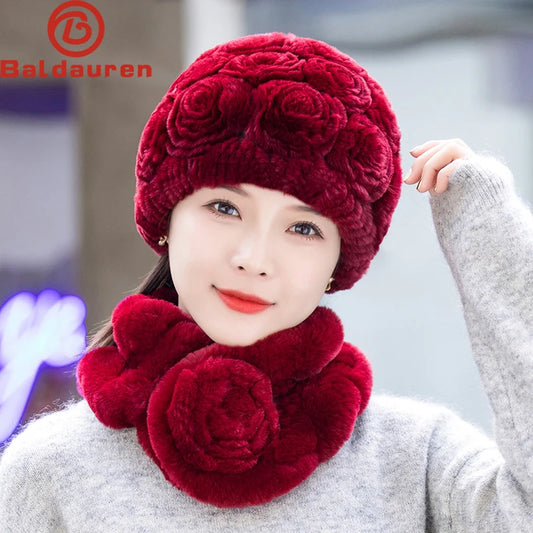 2025 Hot Sale Women Winter Fur Hat Scarf Sets Natural Warm Real Rex Rabbit Fur Cap Scarves Lady Knitted Genuine Fur Hats Muffler