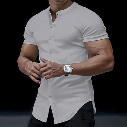 2025 Fashion Men's Stand Collar Short-sleeved Shirts Summer Solid Slim Casual Cardigan Versatile T-shirts Social Blouses for Men