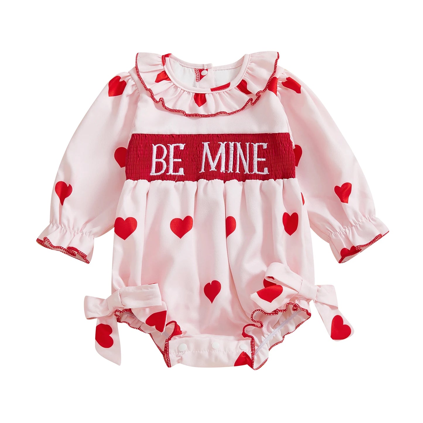 FOCUSNORM 0-24M Lovely Baby Girls Valentine’s Day Romper Long Sleeve Doll Collar Letter Embroidery Heart Print Bow Jumpsuits