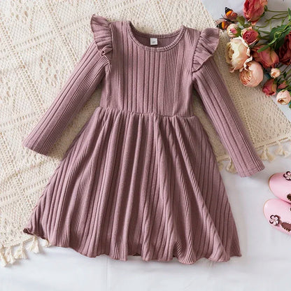 Girls Knit Dress for Autumn Winter Long Sleeve Kids Princess Dress Solid Fashion Baby Girls Casual Fall Clothes 2 to 6Years