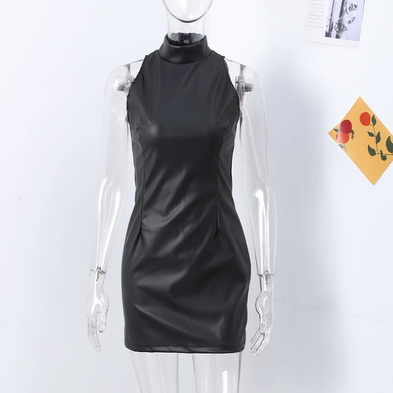 Fashion PU Leather Mini Dress Women Elegant Stand Collar Bodycon Short Party Dress Female Sexy Slim Sleeveless Evening Vestidos