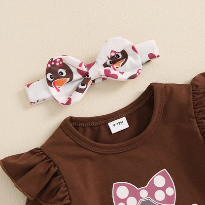 Lioraitiin Baby Girl Thanksgiving Outfit, Turkey Print Long Sleeve Romper Flared Pants Bow Headband 3Pcs Set for Fall