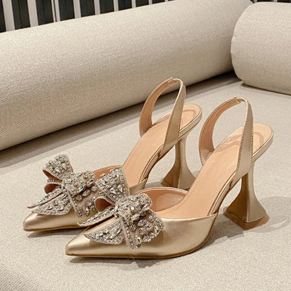 Liyke Fashion Sequined Crystal Bowknot Women Pumps Sexy Pointed Toe Red High Heels Wedding Banquet Shoes Ladies Slingback Sandal