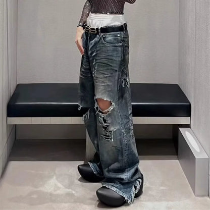 Frayed Damaged Hole Baggy Wide Leg Jeans for Men and Women Streetwear Casual Ropa Hombre Denim Trousers Oversized Cargo Pants