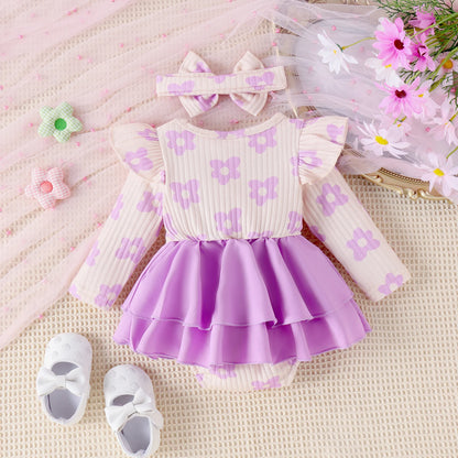 2PCS Autumn New Style 0-1 Year Old Girl Baby Sweet And Cute Round Collar Printed Long-Sleeved Dress + Hair Band