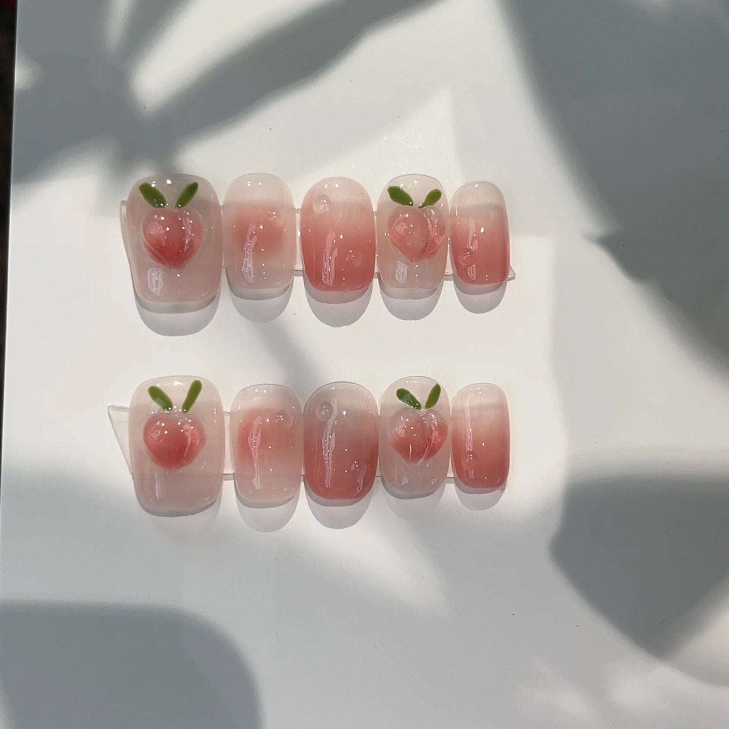 10Pcs Short Round Handmade Press On Nails Full Cover Peach Pink Summer Design Cute False Nails Artificial Manicure False Nails