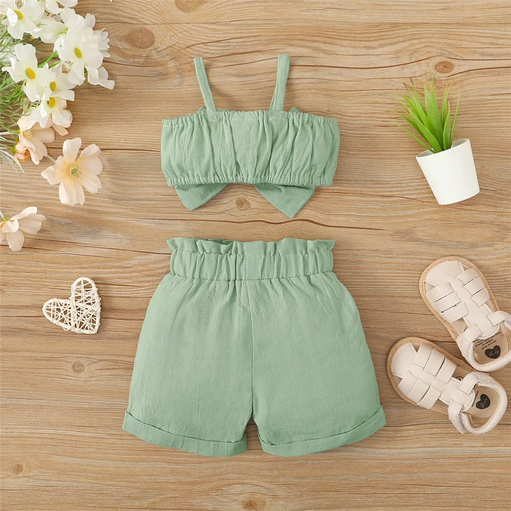 2PCS Baby Girl Clothing Set Infant Big Bow Sleeveless Suspender Top+Shorts Summer Fashion Outfit for Toddler Girl 3-24 Months