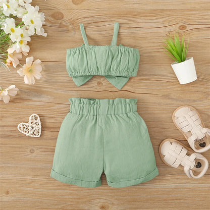 2PCS Baby Girl Clothing Set Infant Big Bow Sleeveless Suspender Top+Shorts Summer Fashion Outfit for Toddler Girl 3-24 Months