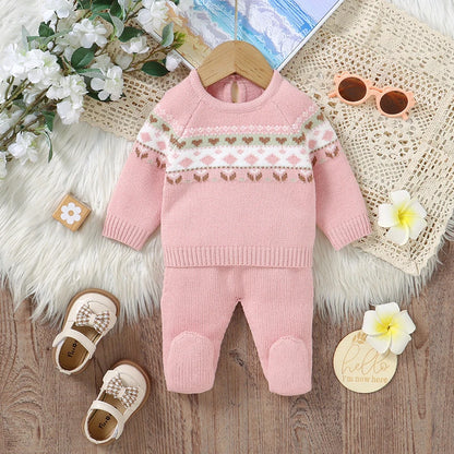 Baby Clothes Set Knitted Infant Sweater Long Sleeve +Pants Foot Wrap Warm 2pc Newborn Girl Pullover +Trousers Fashion Solid 0-9M