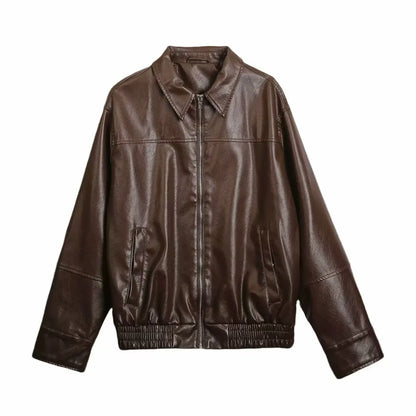 Autumn Style French Fashionable Versatile Textured Leather Jacket