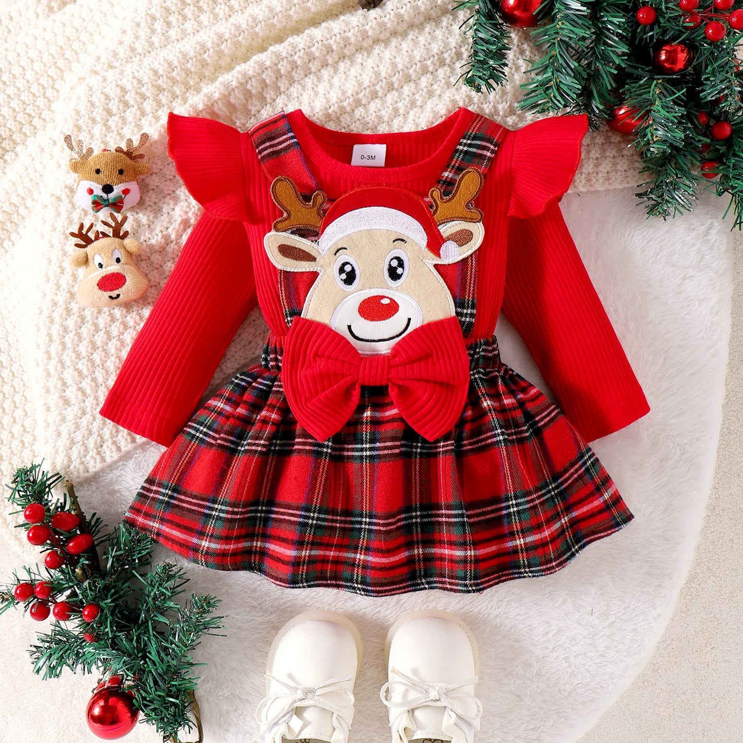 Autumn And Winter 0-1 Year Old Girl Baby Comfortable Santa Claus Long-Sleeved Red Spliced Green Plaid Skirt