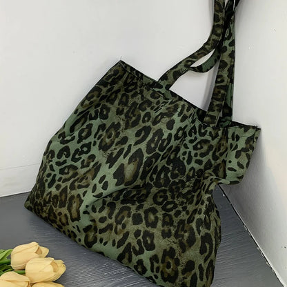 Large Women's Shopping Bag 2024 Summer Ladies Canvas Shoulder Tote Bags Aesthetic Green Leopard Fashion Ecobag Cloth Handbags